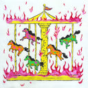 Painting of a carousel with colorful horses at varying heights. The carousel is on fire with pink and red flames.