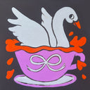 Painting of a white swan sitting inside of a pink tea cup, with red liquid splashing out of it. Background is dark gray.