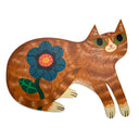 A stylized wooden cat figurine in orange-brown tones with a large blue flower painted on its side, shown on a plain white background.