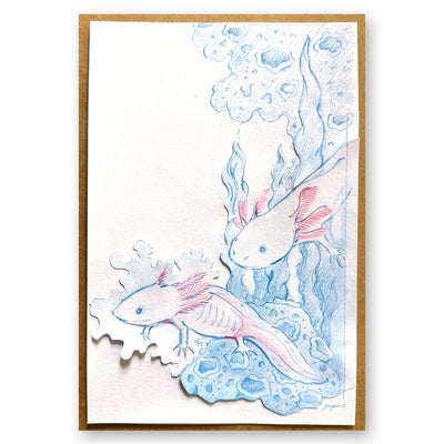 Blue and red pencil illustration of an axolotl swimming amongst coral and a smaller axolotl nearby.