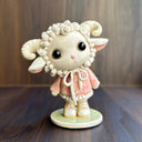 Ceramic figurine of a cute anthropomorphic sheep, with large shiny eyes and curled horns. She wears a pink textured sweater and tennis shoes.
