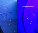 Glow in the dark material on a blue surface with text 'Glow in the dark stars'.
