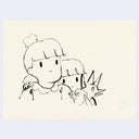 Simple black line drawing of 2 children, one slightly hiding behind the other with a dog on a light beige background
