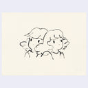Ink illustration of 2 girls, the same as one another, posed together.