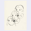 Simple black line drawing of two cartoon-like characters on a light yellow paper