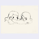 Simple black line drawing of two children covering each other's ears on a light beige background