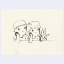 Simple black line drawing of two cartoon characters sitting together on a light beige background.