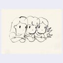 Simple black line drawing of three cartoon children characters and a dog on a light beige background