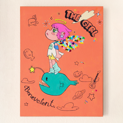 Illustrative painting on a coral orange background of a girl with colorful wings. She stands atop of a football fish with childish line drawings around her. Text reads "The Girl Benevolent"
