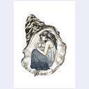 An illustration of a woman with long dark hair curled up inside of an oyster shell, holding a small pearl, on a white background with a light lavender border.