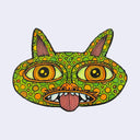 Illustration made with many lines, giving it the feel of a folk art woodcut on a die cut wood panel of a green cat head with polka dots, very large eyes and its tongue out.