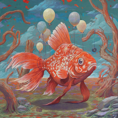 Painting of a large orange goldfish with cream colored accent coloring. Small balloons are tied to its body and tail. 