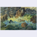 A watercolor-style painting of a rocky coastal scene with waves crashing against large brown and gray boulders, rendered in green, blue, yellow, and gray tones.