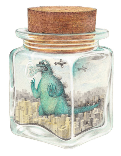 Illustration of a glass bottle with a large cork. Inside is a green Godzilla, trying to get out of the bottle. Below is a town full of sky scrapers and a plane circles above.
