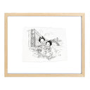 Illustration of 2 cartoon character in traditional Japanese attire but modern sneakers, sitting on a rock in front of the San Francisco Bay with Godzilla walking through the water behind.