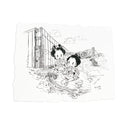 Illustration of 2 cartoon character in traditional Japanese attire but modern sneakers, sitting on a rock in front of the San Francisco Bay with Godzilla walking through the water behind.