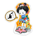 Illustration of a cartoon character in traditional Japanese attire but modern sneakers, holding a skateboard in one hand, a takeout bag in the other and looking down at Godzilla's Hollywood Star.