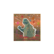 Illustration of Godzilla with a bold white outline, half submerged in water. Background is a dusky orange sky with colorful drawings of stars and sparkles.
