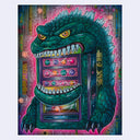 Colorful painting of a vending machine shaped like a green Godzilla.
