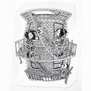 Ink drawing on deckled edge paper of the side of a brick apartment building, with people out on fire escapes.