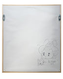 Backside of a framed artwork with a white paper covering and a doodle.