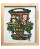 Illustration of 3 cartoon characters in traditional Japanese attire but modern sneakers, standing on a green fire escape on the side of a brick building, following a white cat that walks up.