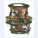 Illustration of 3 cartoon characters in traditional Japanese attire but modern sneakers, standing on a green fire escape on the side of a brick building, following a white cat that walks up.
