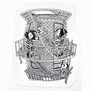 Ink drawing on deckled edge paper of the side of a brick apartment building, with people out on fire escapes.