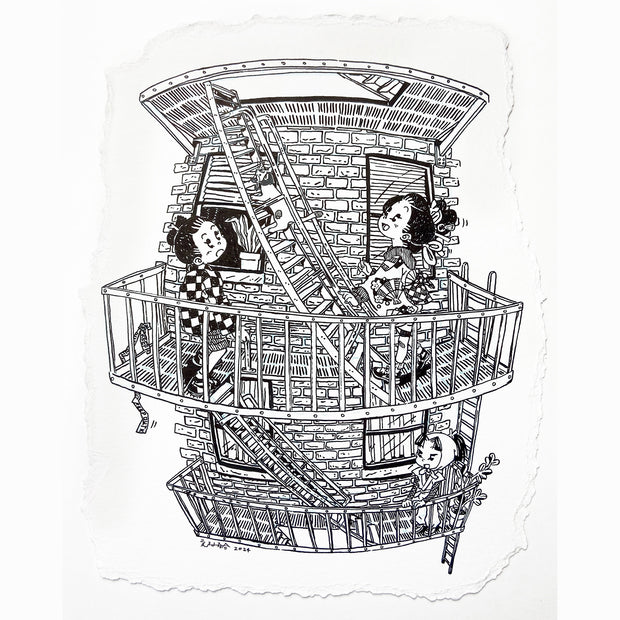 Ink drawing on deckled edge paper of the side of a brick apartment building, with people out on fire escapes.