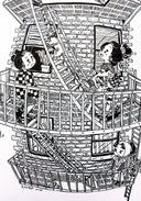  Ink drawing on deckled edge paper of the side of a brick apartment building, with people out on fire escapes.