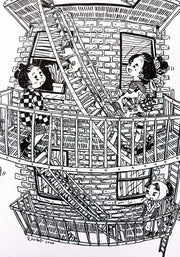  Ink drawing on deckled edge paper of the side of a brick apartment building, with people out on fire escapes.