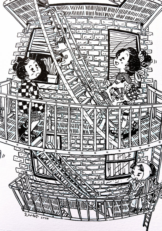  Ink drawing on deckled edge paper of the side of a brick apartment building, with people out on fire escapes.