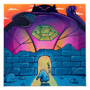 Colorful painting of a small character with a torch walking up to a stone wall with an archway opening into it. On the other side of the wall is a giant purple cat, leaning back and holding a treasure chest.