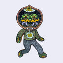 Illustration made with many lines, giving it the feel of a folk art woodcut on a die cut wood panel of a creature wearing knit clothing and a large, circular head with black night sky within it and 2 green cyclops goblin creatures dancing around.