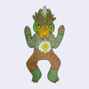 Illustration made with many lines, giving it the feel of a folk art woodcut on a die cut wood panel of a gorilla like character with puppets for hands, knit patterned clothing and a pinkish yellow crystal coming out from its head.