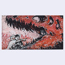 A painting featuring a dramatic scene with a large dinosaur skull with an open mouth, colored swirling red, orange, black, and white textures, with two small human figures in the lower left corner.