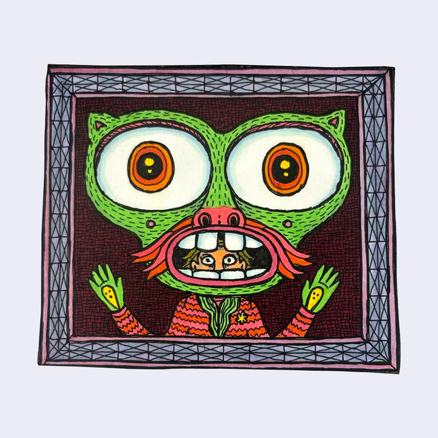 Illustration made with many lines, giving it the feel of a folk art woodcut on a rectangular wood panel of a person, seen from the chest up, wearing a costume with a huge mask of a green cat with giant eyes.