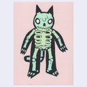 Cartoon black cat with its green skeleton visible within it, standing on its hind legs on a pink background.