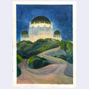 A stylized painting depicting a white domed building atop green hills under a deep blue night sky, with a winding pale path in the foreground. The artwork is shown centered on a light gray background.
