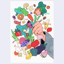 A colorful illustration showing a hand holding a spoon, where a small woman stands amongst a variety of vegetables and fruits, including broccoli, carrots, tomatoes, apples, and watermelon, on a white background.