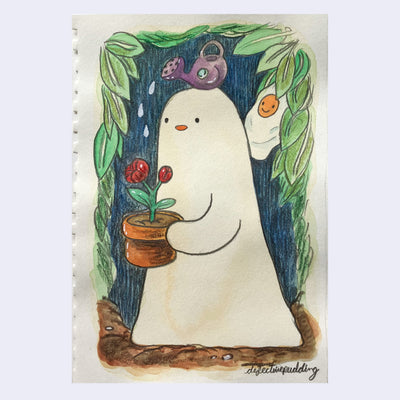 Color pencil sketch of a ghost holding a potted flower with an elephant shaped watering can atop its head.