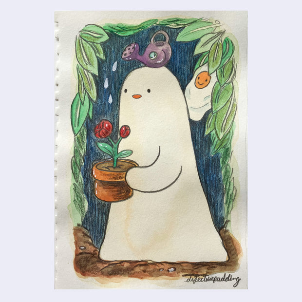 Color pencil sketch of a ghost holding a potted flower with an elephant shaped watering can atop its head.