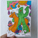 Colorful marker painting of Gumby and Pokey, with Gumby hugging Pokey under colorful rainbow clouds and standing amongst smiling mushrooms.