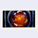 Painting based on a film still from 2001: A Space Odyssey of a burst of orange and red light coming from a dark blue circular shape.