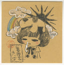 ink illustration on tan post it note of a girl with a drippy nose and a dog sitting atop her head.