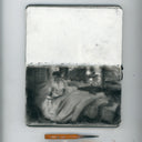 Charcoal illustration of a film still Her, where the main character sits in a bed with fallen sheets and is illuminated by the light of his phone.