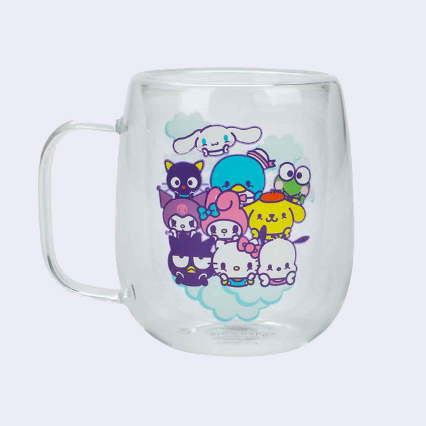 Double wall glass mug with a large handle and a printed graphic on front of 10 different Sanrio characters: Cinnamoroll, Pochacco, TuxedoSam, Keroppi, Kuromi, My Melody, Pompompurin, Badtz-Maru, Hello Kitty and Pochacco.