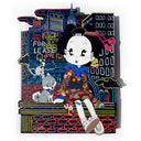 Colorful illustration mounted to a die cut wood panel of a cartoon character in traditional Japanese attire but modern sneakers, sitting on a neon sign with a dog and a cat nearby.