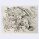 Illustration of a large three-headed dragon monster with people around it on a beige background. The monster bites on a hot dog cart.
