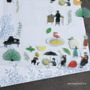 Sheet of illustrated stickers with various scenes and objects on a textured surface.